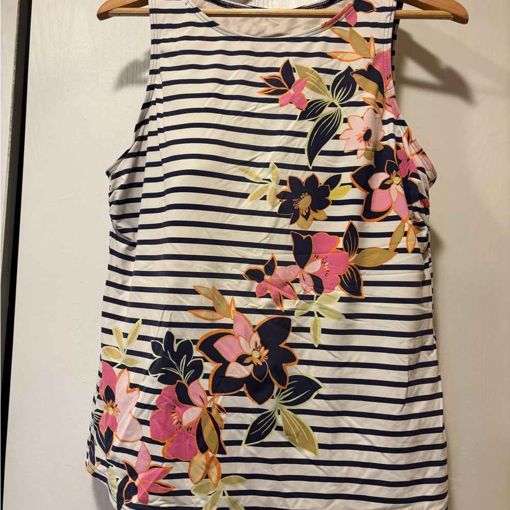 Lands' End Navy & White Striped swim top with Pink Floral Print